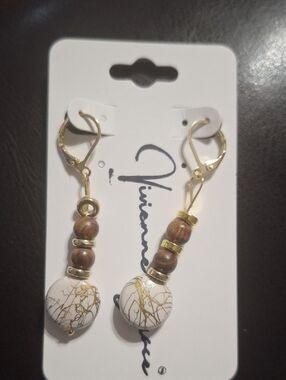 White & Gold Marble Look Drop Earrings with Natural Wood Beads